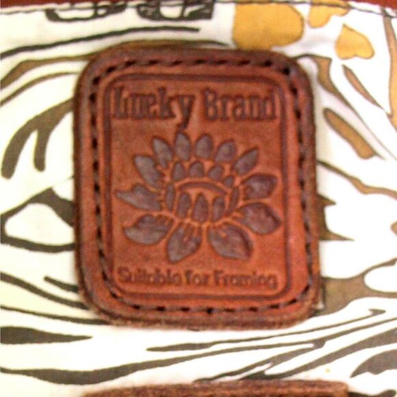 LUCKY BRAND BANDIT FOLDOVER BLUE COTTON BROWN LEATHER TOTE SHOULDER BAG HANDBAG - Picture 11 of 12